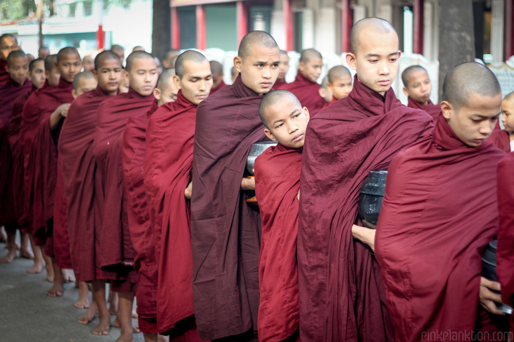 Buddhist monks lined up in Myanmar
