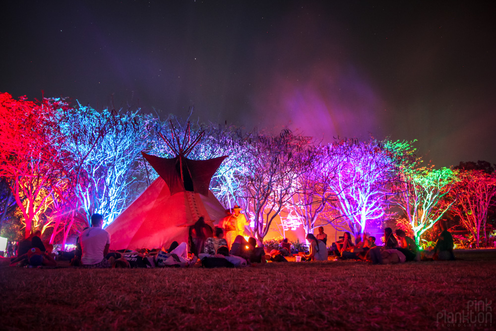 tipi and campfire at night at Festival Ometeotl