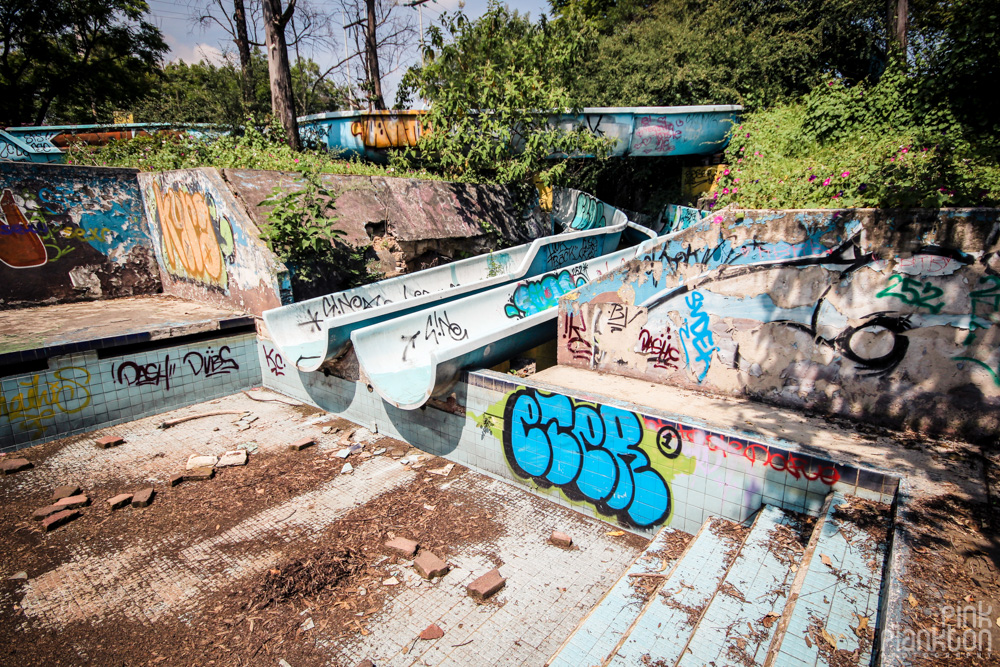 abandoned water slides at Atlantis Water Park in Mexico City