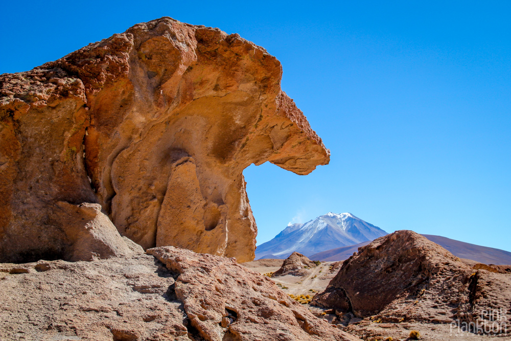 volcano and rock formation in Bolivia's desert