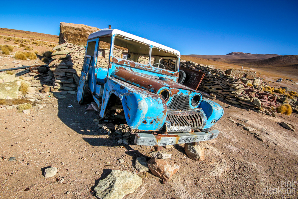 abandoned jeep in Bolivia's desert
