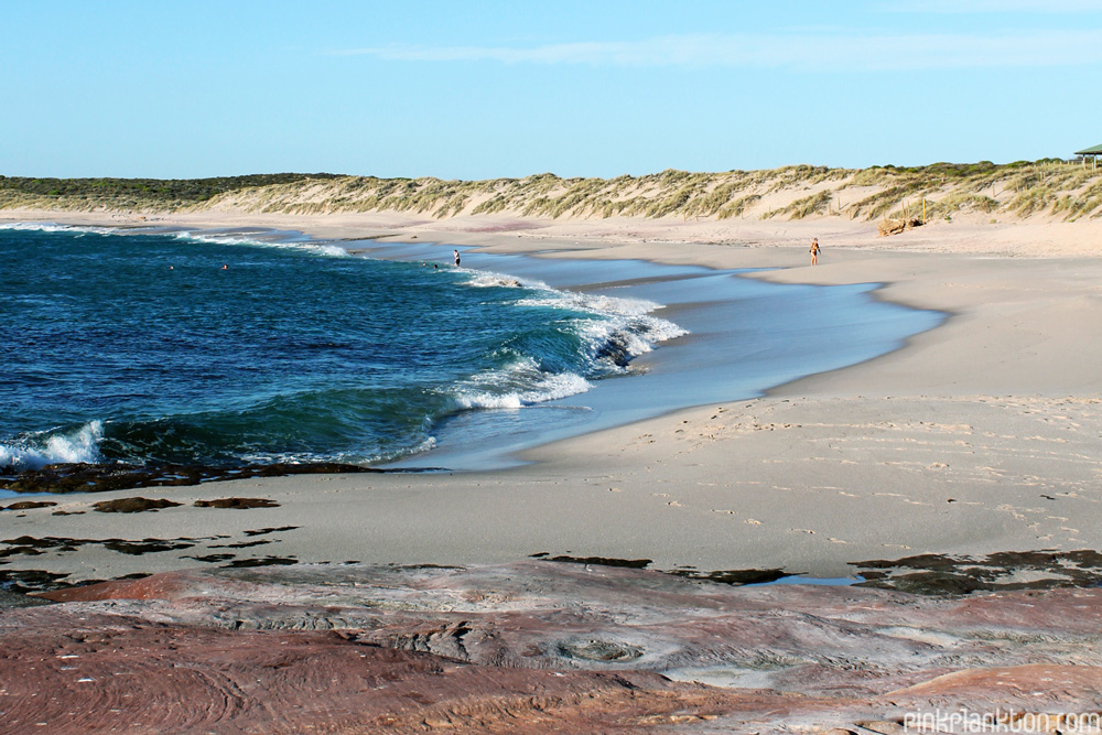 ocean with sand dunes and flat rock