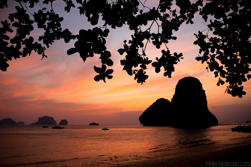 sunset with limestone cliff at Railay beach in Thailand
