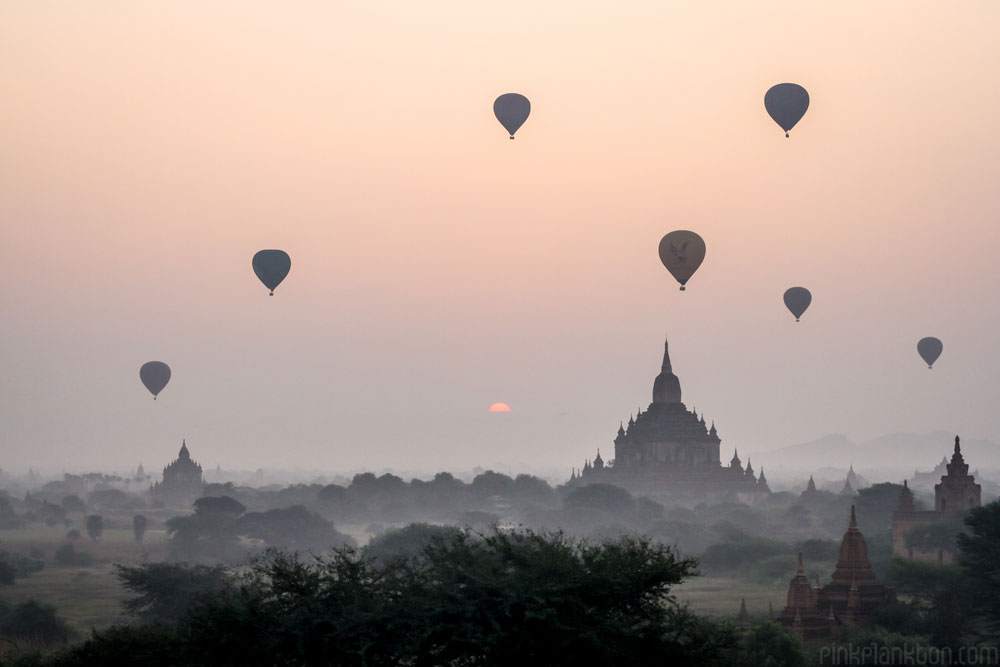 hot air balloons and sunrise over Bagan, Myanmar