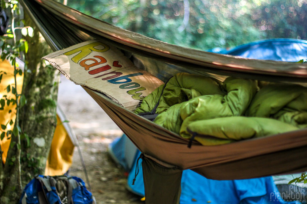 rainbow gathering sign in hammock