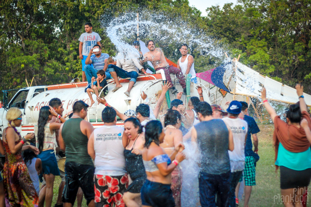 Festival Ometeotl water truck spraying people