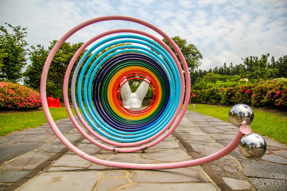 rainbow spiral statue at Love Land in South Korea