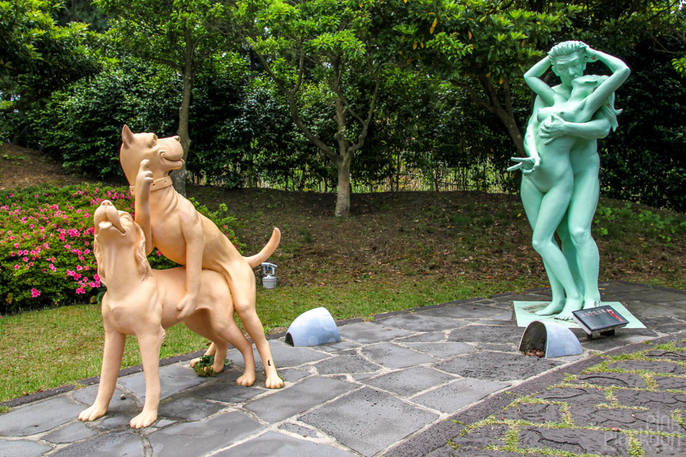 humans and dogs having sex statues at Love Land in South Korea