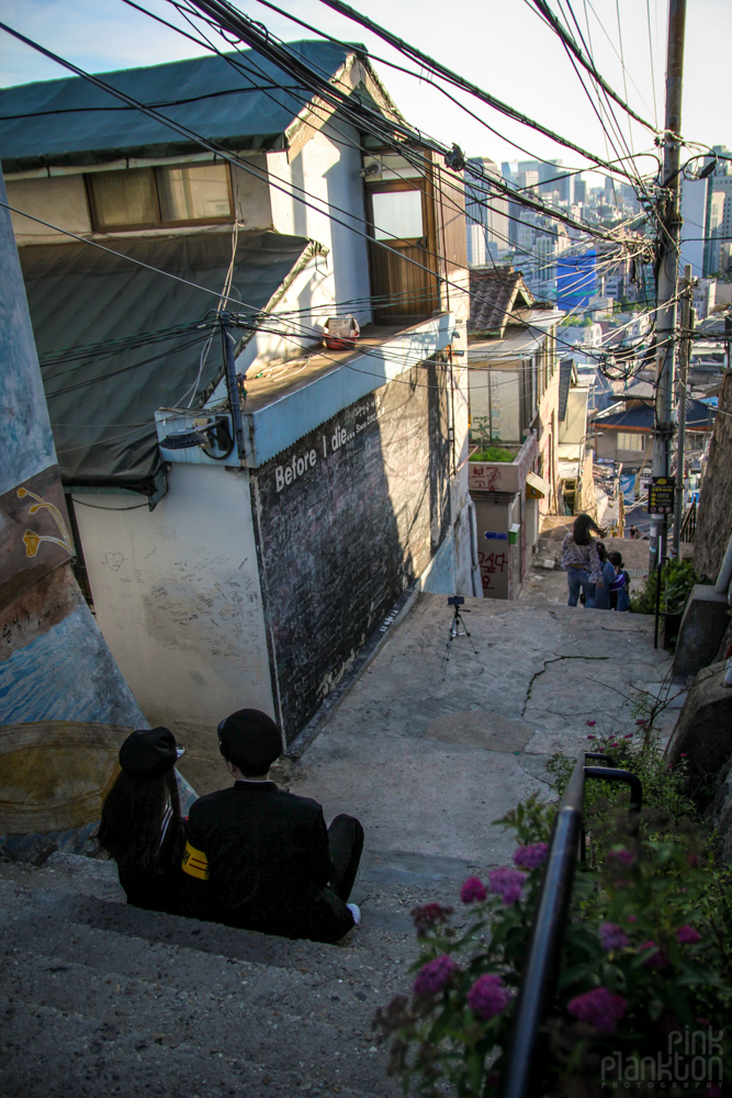 couple posing for photo in Mullae Art Village (Mullaedong) in Seoul, South Korea