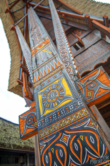 detailed painting on Tongkonan boat houses in Toraja village, Sulawesi