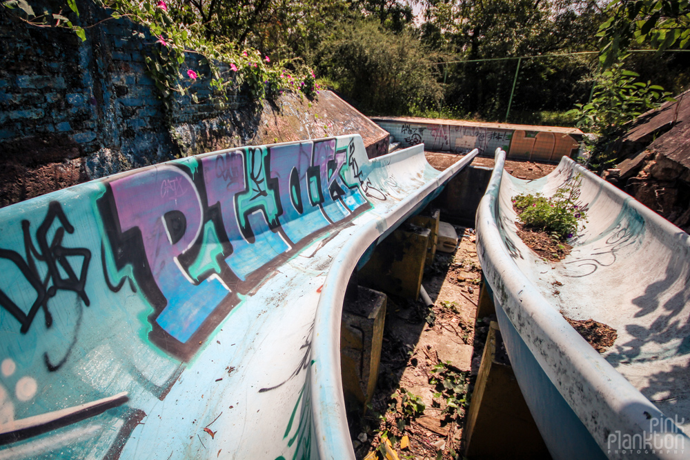 abandoned water slides at Atlantis Water Park in Mexico City