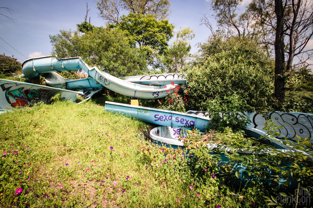 abandoned water slides at Atlantis Water Park in Mexico City