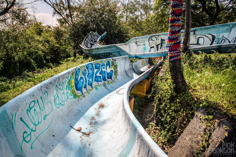 abandoned water slides at Atlantis Water Park in Mexico City