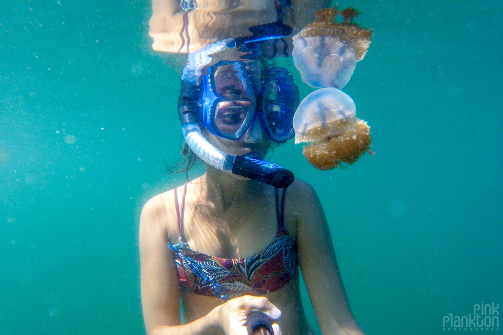 snorkeler in jellyfish lake in Togean Islands, Sulawesi, Indonesia