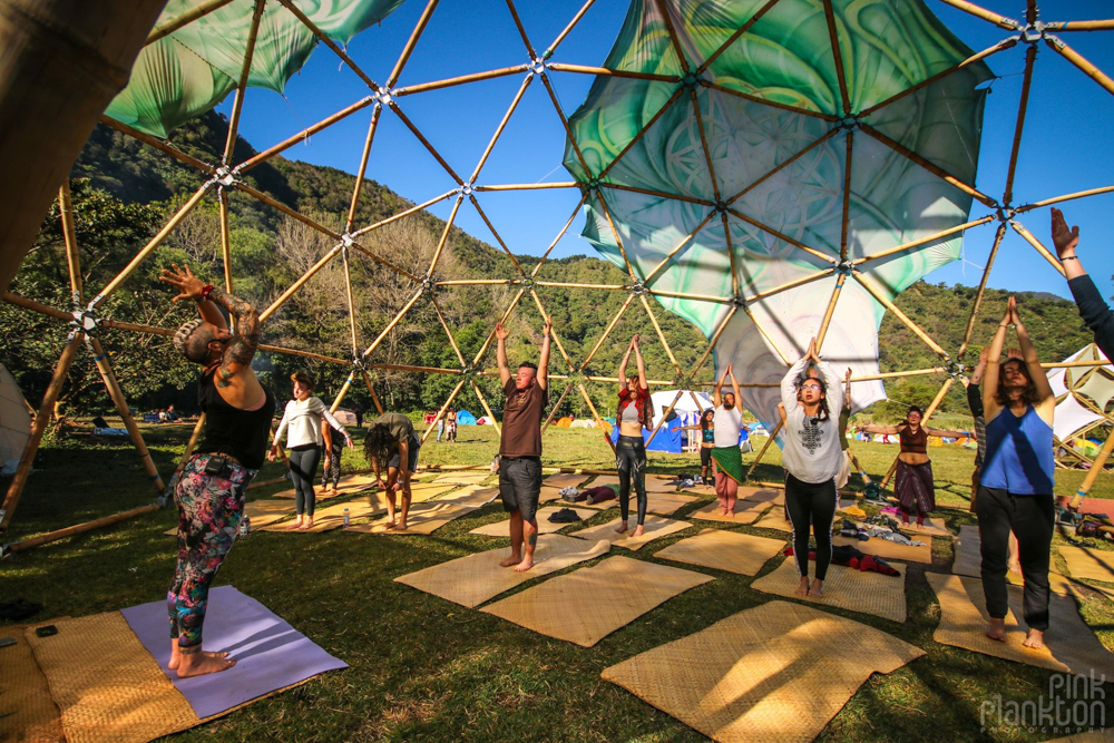 yoga class in dome at Cosmic Convergence