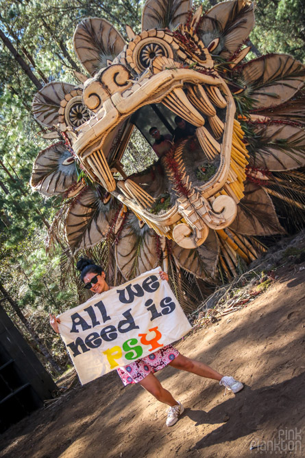 girl holding sign that says "all we need is psy" at Festival Psycristrance