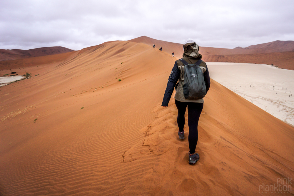 hiking up san dune in Sossusvlei, Namibia