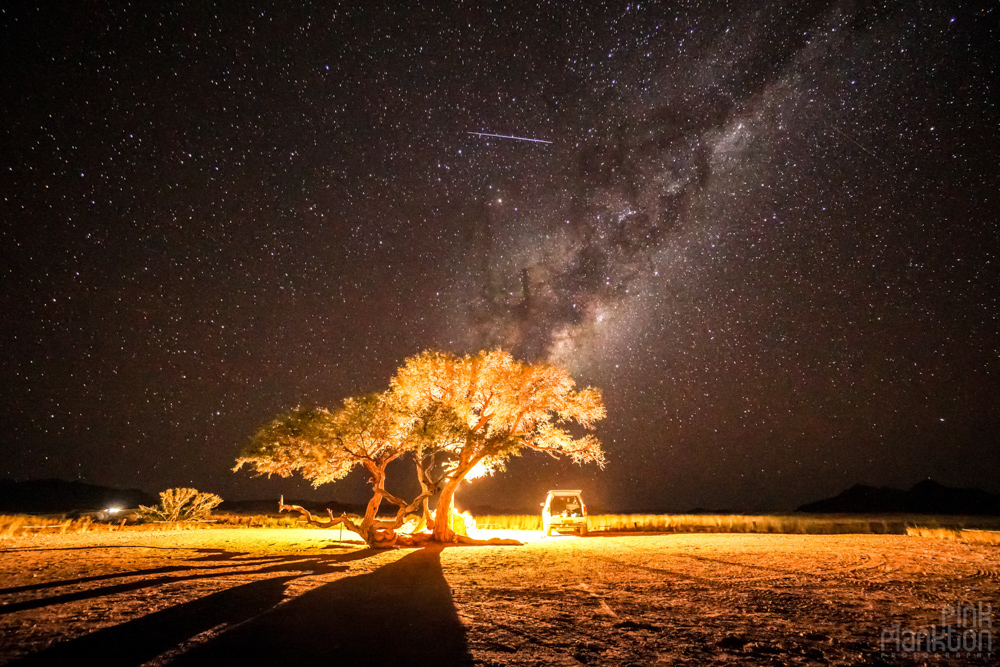 camping under the milky way and many stars over Sossusvlei in Namibia