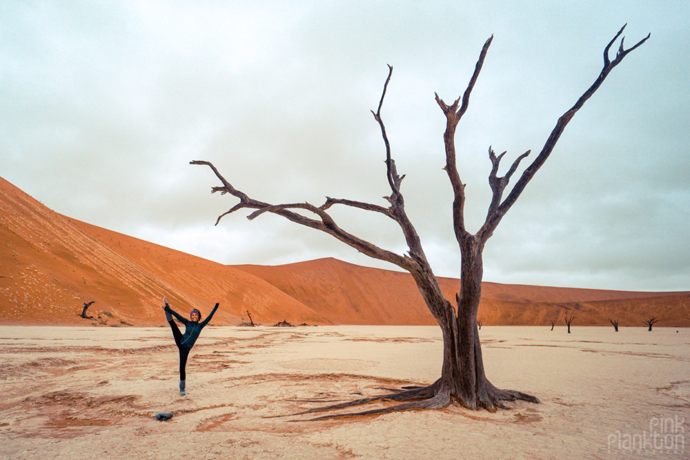 girl doing yoga pose with tree on a cloudy day in Deadvlei, Sossusvlei, Namibia