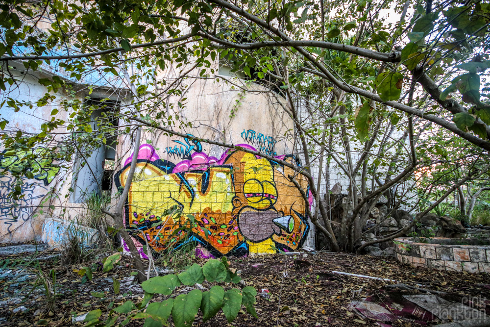 street art of Homer Simpson smoking a joint on abandoned strip club in Playa del Carmen, Mexico