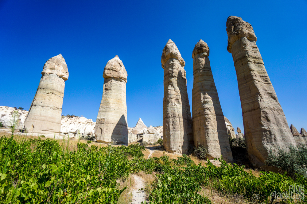 five penis-shaped rock formations in Love Valley in Cappadocia, Turkey