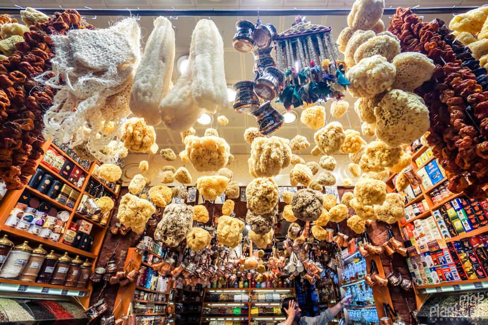 hanging sponges in a store at the Istanbul Spice Bazaar