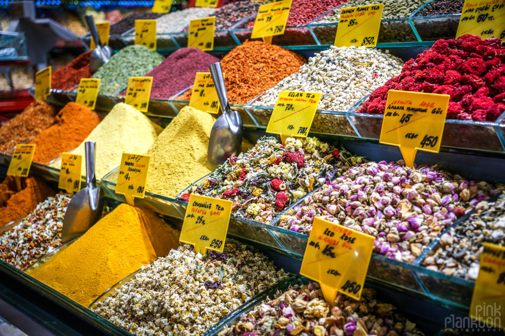display of teas and spices in Istanbul's Spice Bazaar