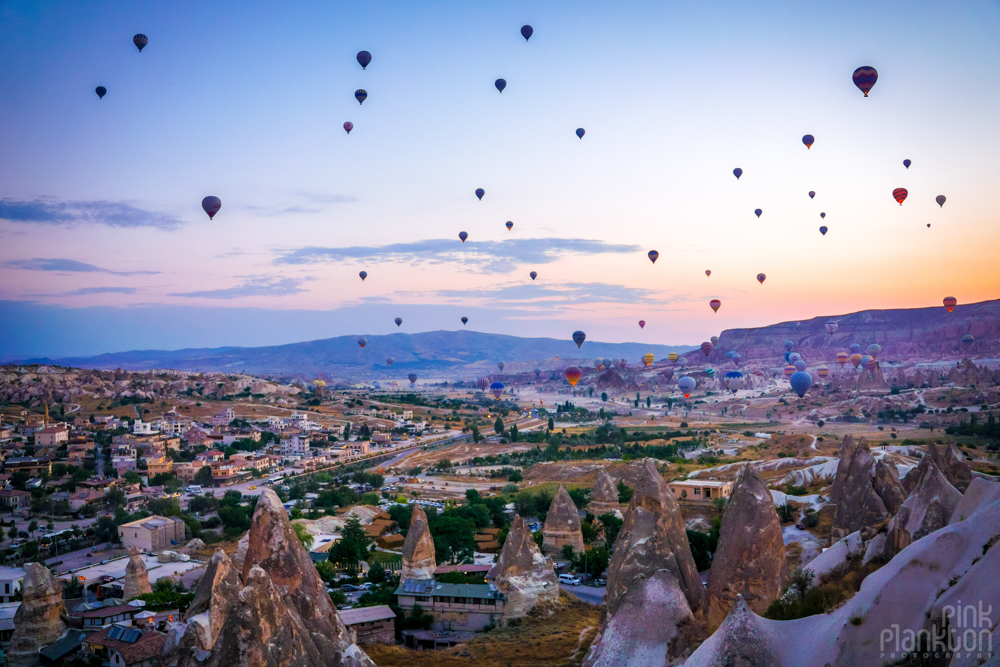 Hot air balloons at sunrise in Cappadocia, Turkey