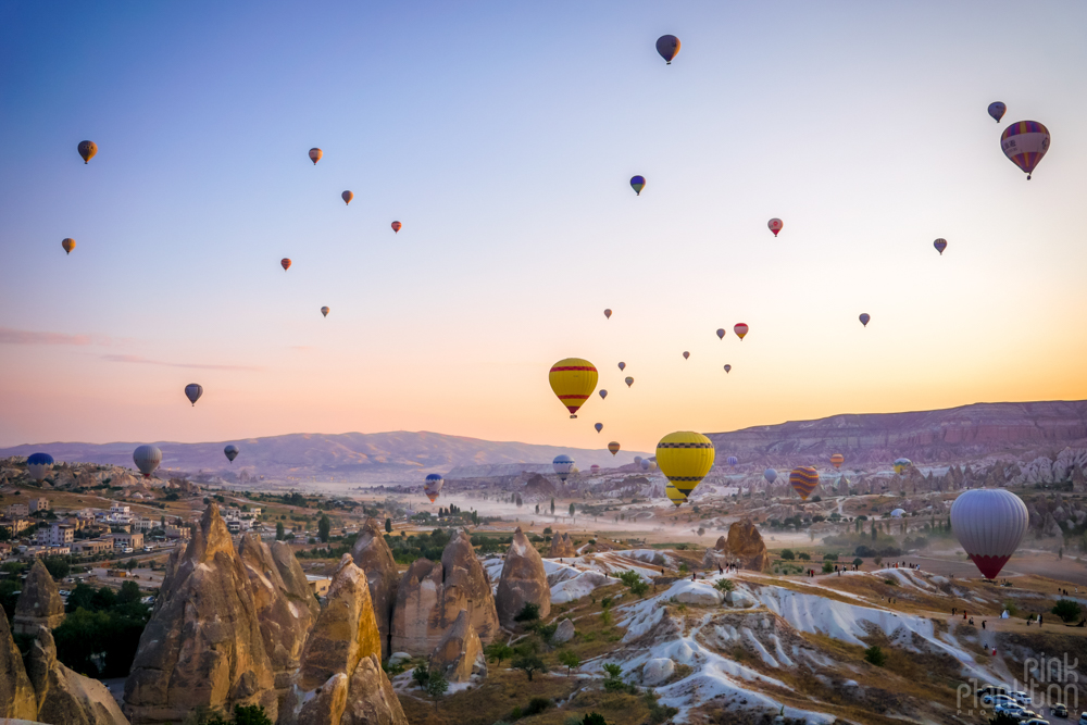 Hot air balloons at sunrise in Cappadocia, Turkey