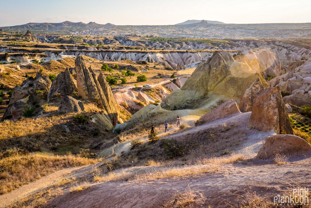 Hikers in Red Valley in Cappadocia, Turkey