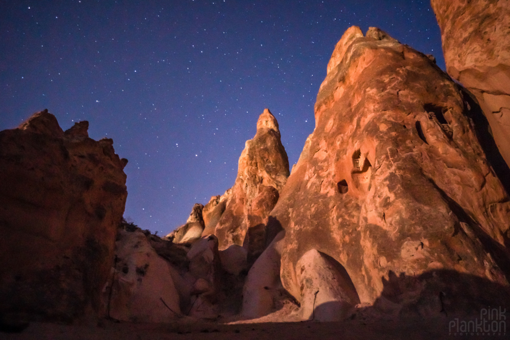 Red Valley at night with stars in Cappadocia, Turkey