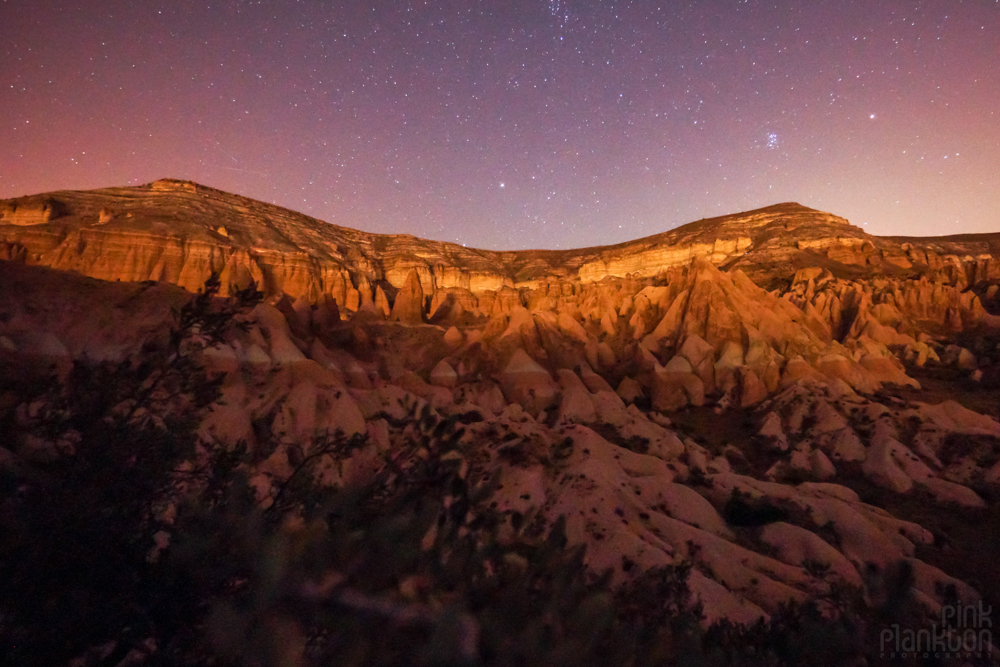 Red Valley at night with stars in Cappadocia, Turkey