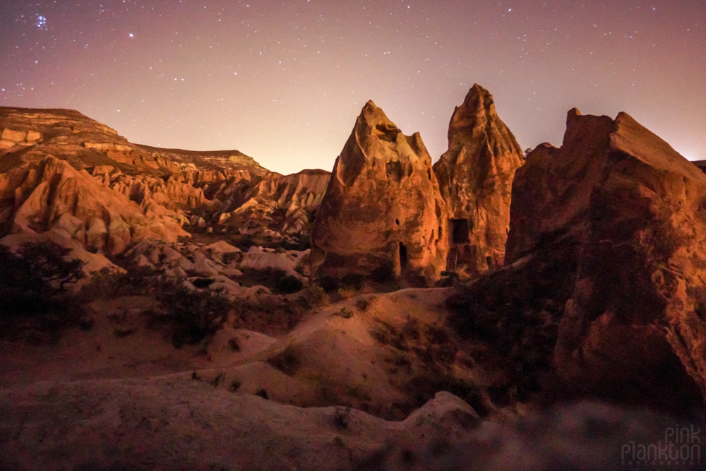 Red Valley at night with stars in Cappadocia, Turkey