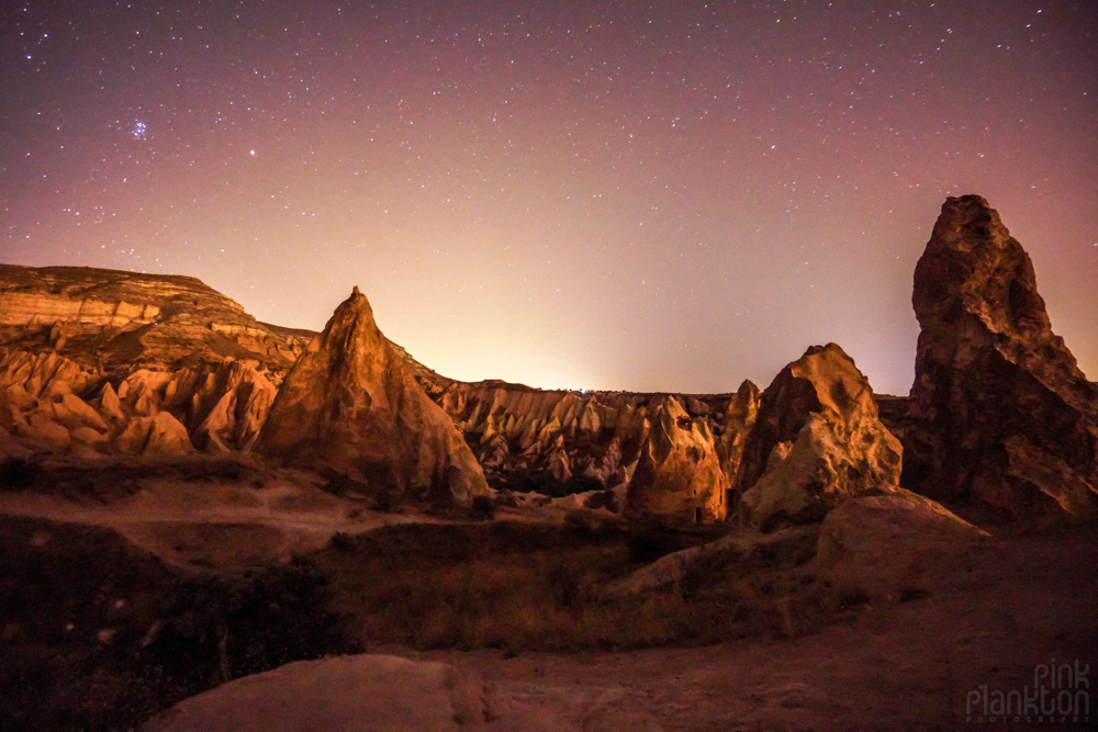 Red Valley at night with stars in Cappadocia, Turkey