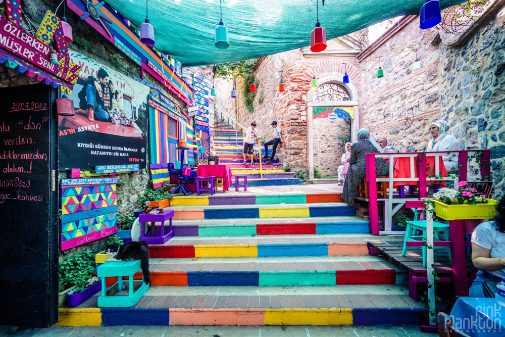 Colorful street coffee shop in Balat, Istanbul