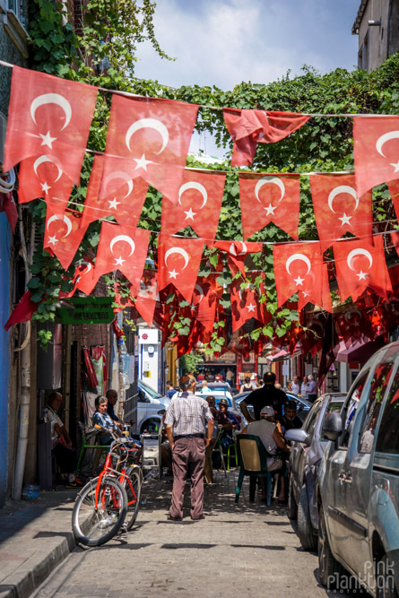 Turkish flags on street in Balat, Istanbul