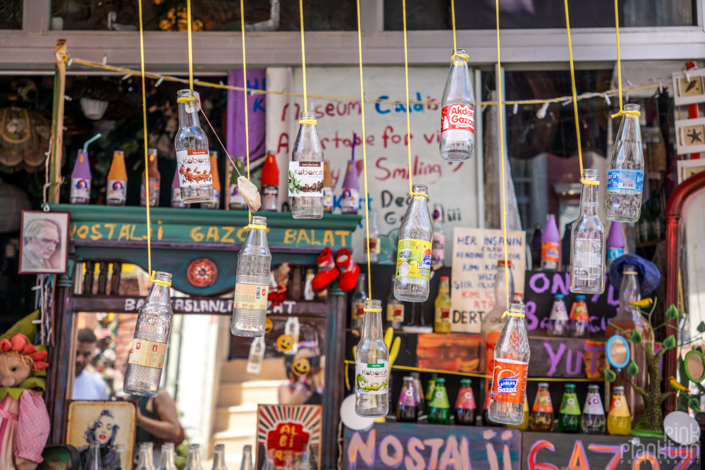 Hanging bottles in front of Nostalji Gazoz Balat, Istanbul