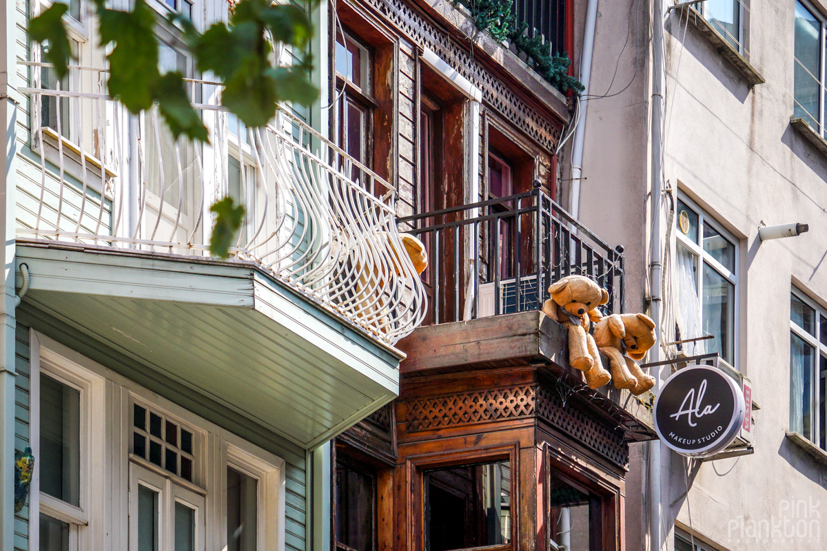 Bears hanging from a balcony in Arnavutkoy, Istanbul