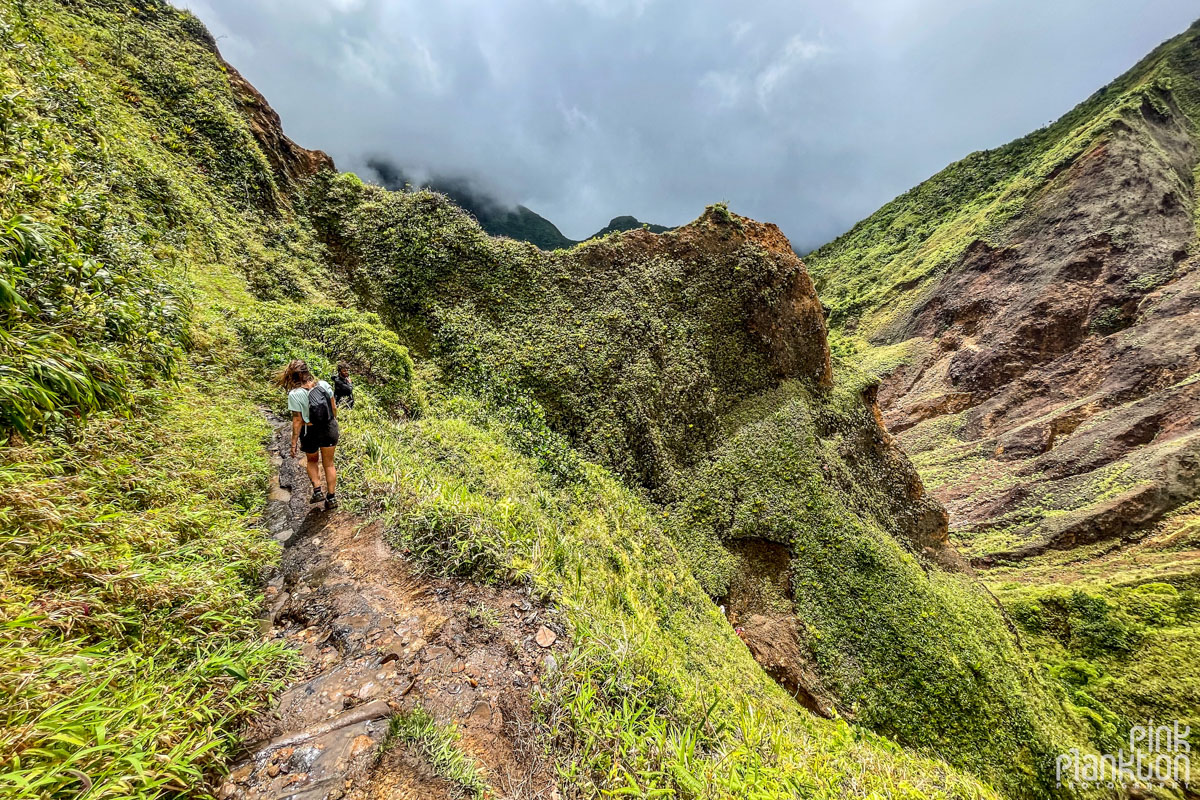 Hikers with mountain scenery along the Boiling Lake Hike in Dominica