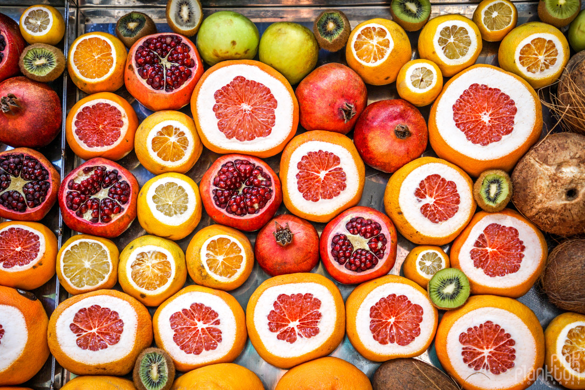 Fruit display at a juice stand in Karakoy, Istanbul