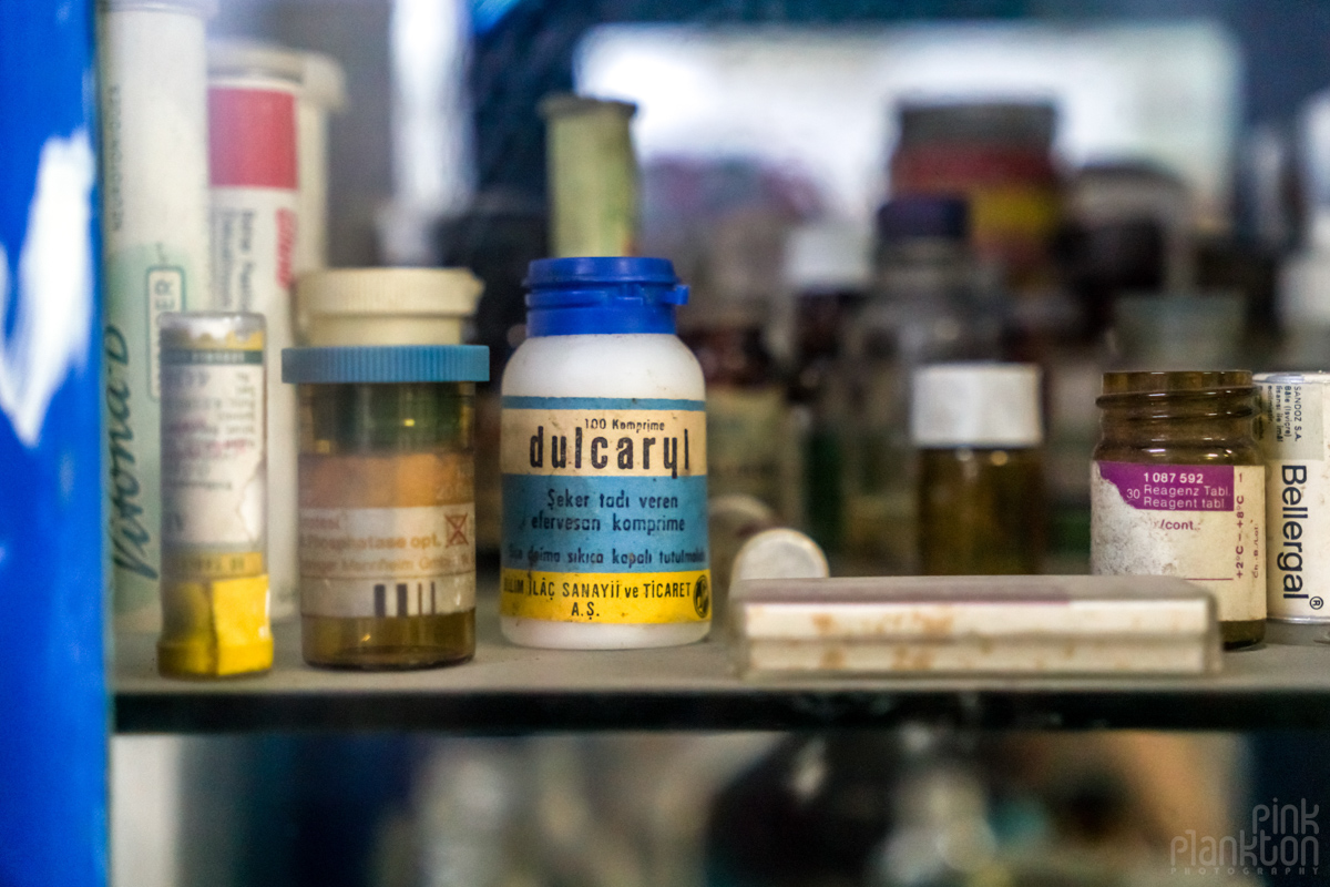 Old medical pills bottle at Plato Platonik in Istanbul