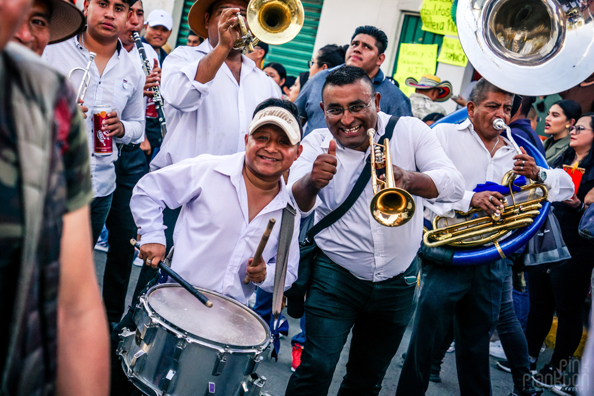 Band in parade at Mexico's Bulls of Fire Festival