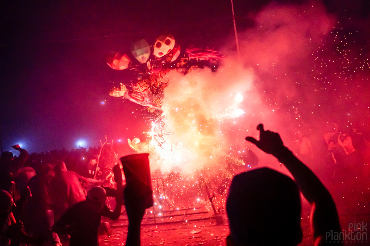 Burning bull lit on fire with fireworks at Mexico's Quema de Toritos or Bulls of Fire Festival
