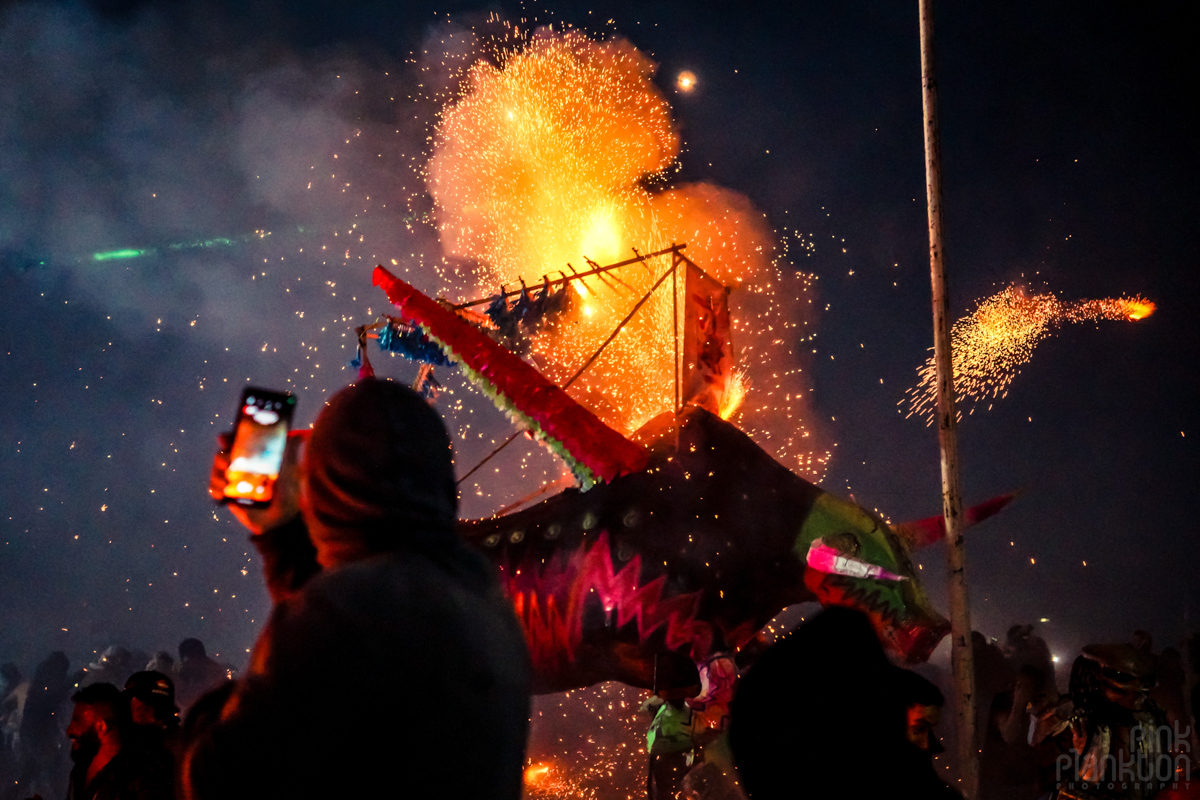 Burning bull lit on fire at Mexico's Quema de Toritos or Bulls of Fire Festival