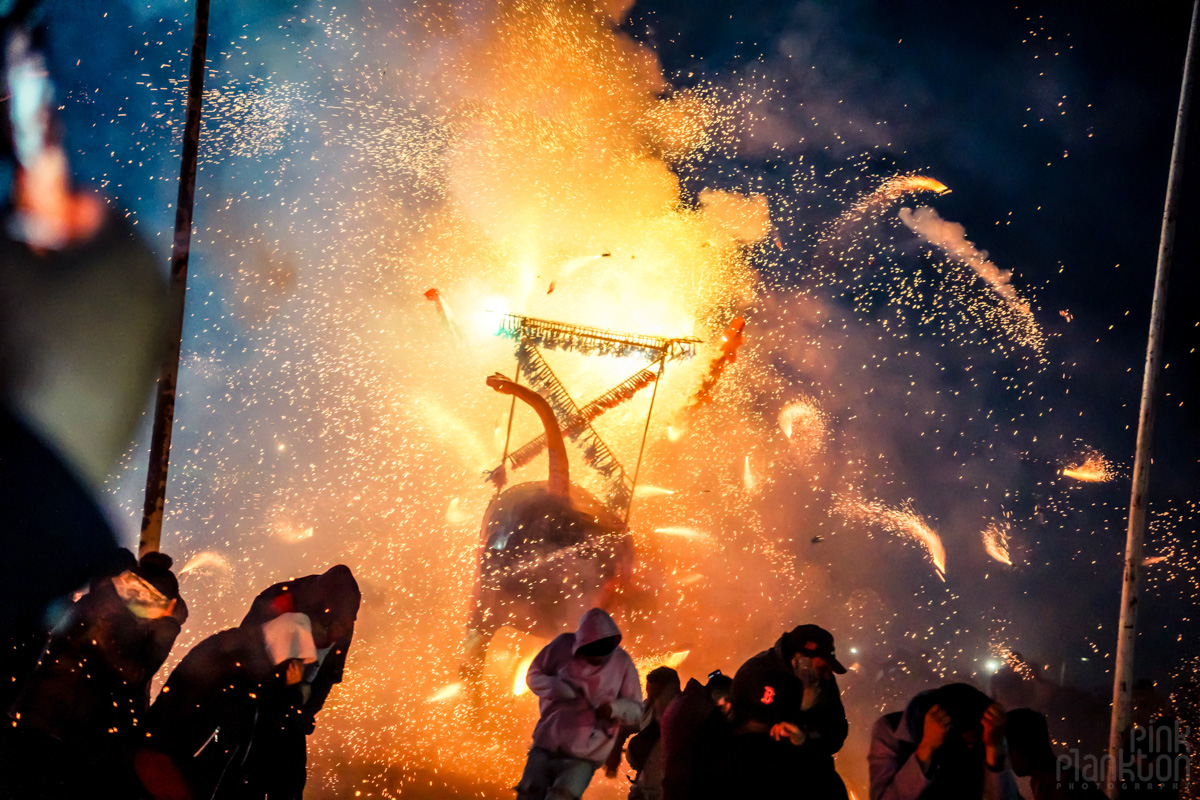 Burning bull with fireworks at Mexico's Quema de Toritos or Bulls of Fire Festival