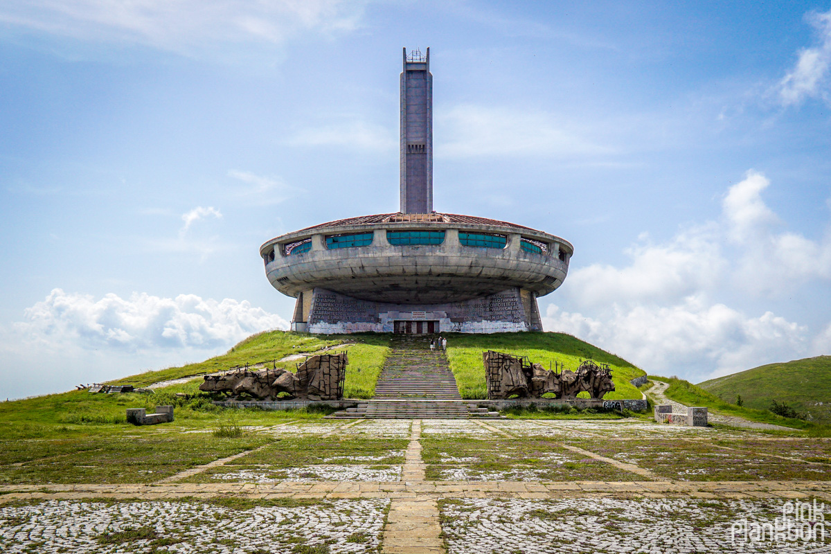 Front view of Buzludzha abandoned Communist monument in Bulgaria