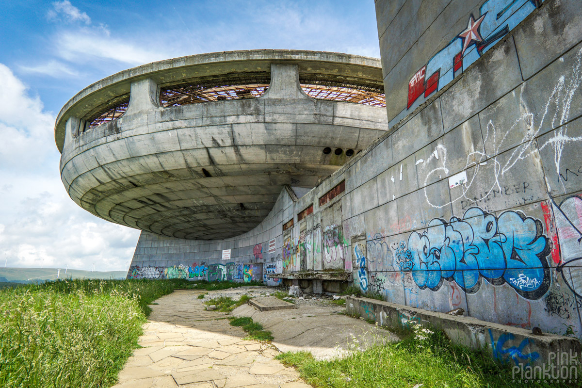 Side view of Buzludzha abandoned Communist monument in Bulgaria