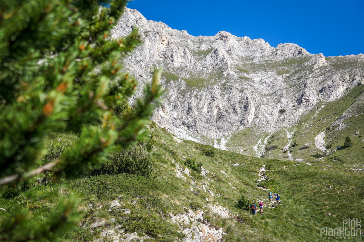 View of mountains and trees with hikers on trail to Koncheto Ridge in Bulgaria