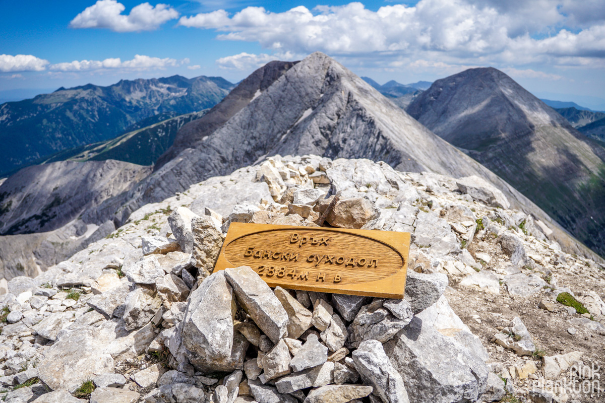 Sign at the end of Koncheto Ridge which says Banski Suhodol Peak 2884 meters above sea level