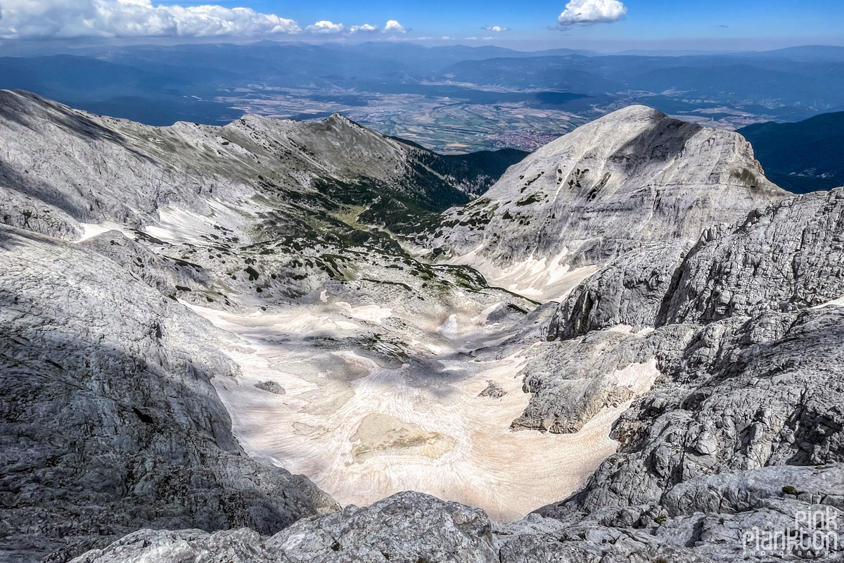 View of mountains and snow from Koncheto Ridge in Bulgaria